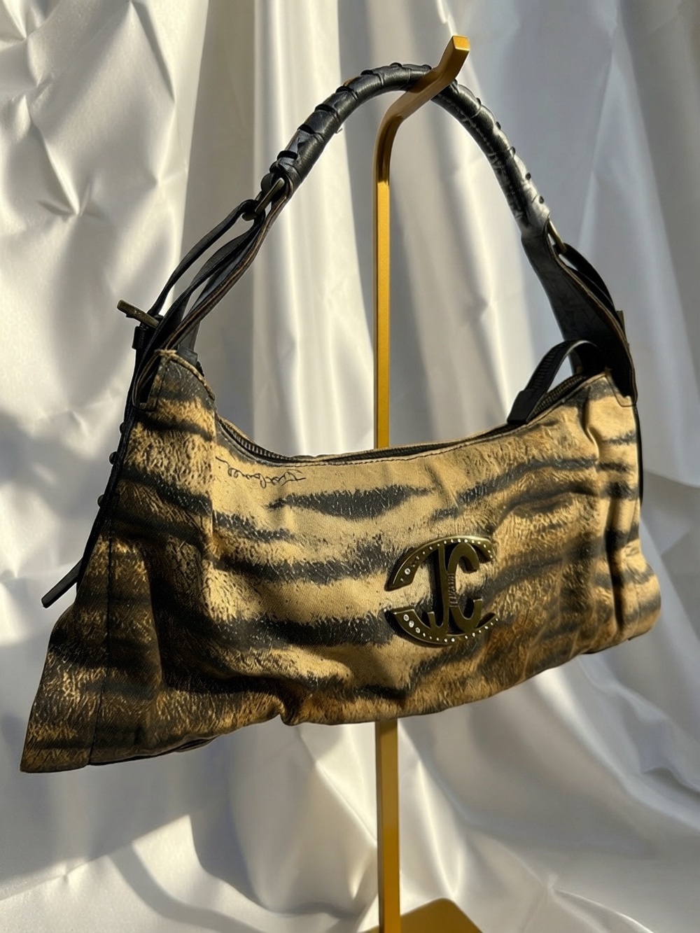 Just Cavalier  Gold and Black animal print Shoulder Bag with leather strap
